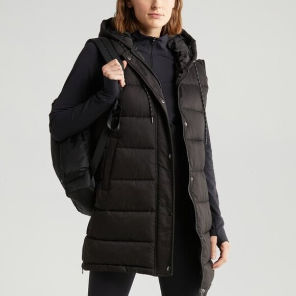 NEW Zella Long Hooded Puffer Vest in Black Size L#2890 - Picture 2 of 14